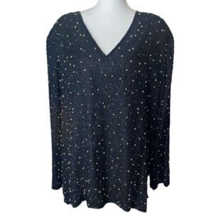 Scala Womens Black Gold Beaded V-Neck Silk Blouse Size 2X